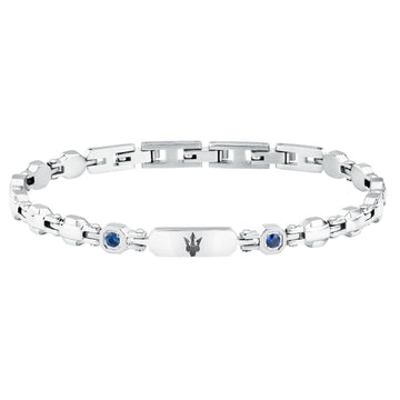 Ανδρικό βραχιόλι ταυτότητα Maserati JM335AXO12 ατσάλινο σε ασημί χρώμα με μαύρη τρίαινα και μπλε ζιργκόν πέτρες.